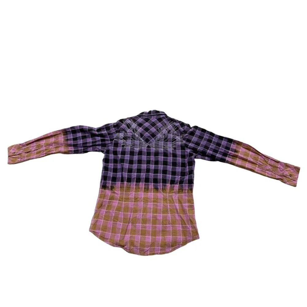 Rock 47 by Wrangler Women Purple Pink Plaid Size M Bleach Dyed Button Down Shirt - Picture 3 of 5